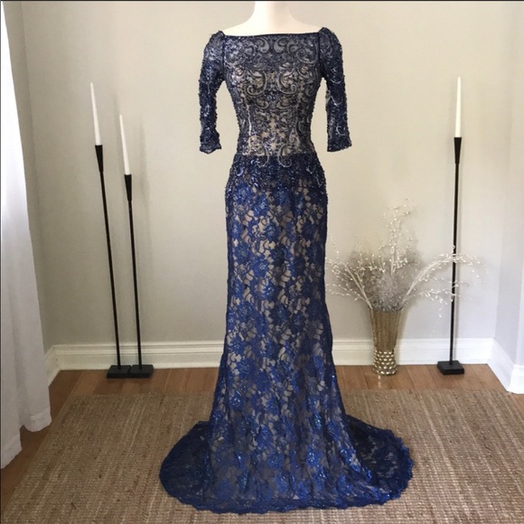Mac Duggal couture blue sleeve lace gemstone gown - Picture 2 of 8